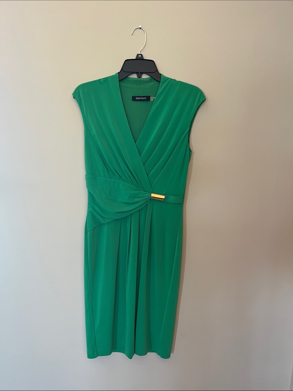 Ellen Tracy Emerald Green Faux-Wrap Midi Dress with Gold Accent